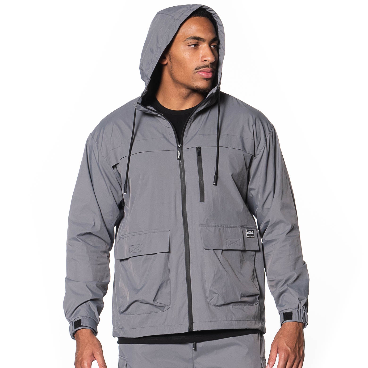 Luxe T Men s Water Resistant Full Zip Nylon Hooded Jacket Grey XL